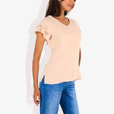Women's Short Sleeve Ruffle V-Neck Blouse Lightweight Comfortable Casual Top