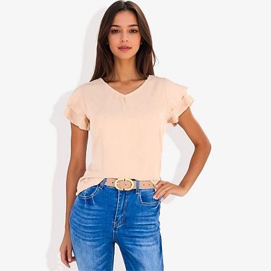 Women's Short Sleeve Ruffle V-Neck Blouse Lightweight Comfortable Casual Top
