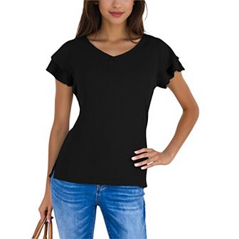 Women's Short Sleeve Ruffle V-Neck Blouse Lightweight Comfortable Casual Top