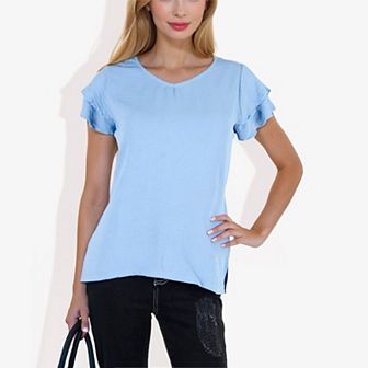 Women's Short Sleeve Ruffle V-Neck Blouse Lightweight Comfortable Casual Top