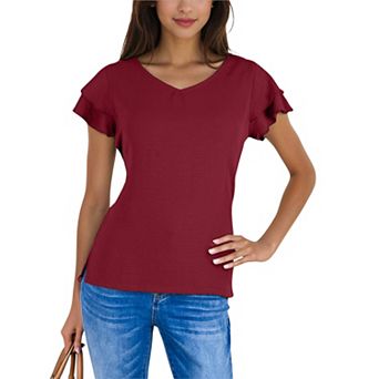 Women's Short Sleeve Ruffle V-Neck Blouse Lightweight Comfortable Casual Top
