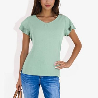 Women's Short Sleeve Ruffle V-Neck Blouse Lightweight Comfortable Casual Top