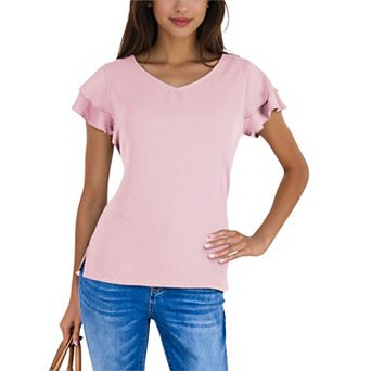 Women's Short Sleeve Ruffle V-Neck Blouse Lightweight Comfortable Casual Top