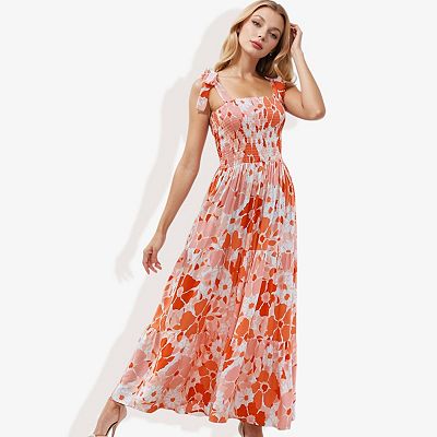 Ruffled Hem Vibrant Print Floral Smocked Summer Dress