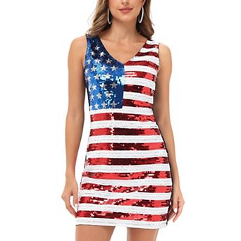Women's Flag Sequin Dress V-neck Sleeveless Patriotic Striped Glitter Tank Mini Dress