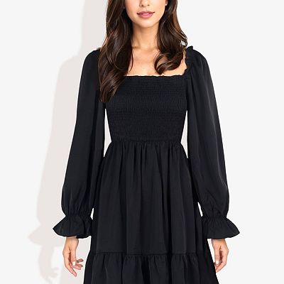 Women's Long Sleeve Smocked Bodice Dress With Ruffle Hem Detail Casual Fit  And Flare Dress