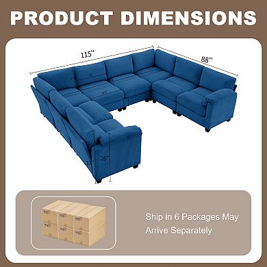 SERWALL 8-seat Corduroy Sectional Corner Sofas, U-shaped Symmetrical Modular Couch