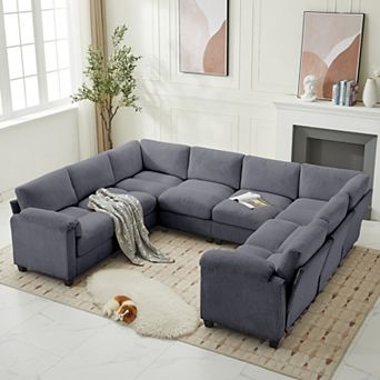 8-seat Corduroy Sectional Corner Sofas, U-shaped Symmetrical Modular Couch