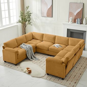 8-seat Corduroy Sectional Corner Sofas, U-shaped Symmetrical Modular Couch