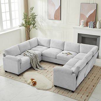8-seat Corduroy Sectional Corner Sofas, U-shaped Symmetrical Modular Couch