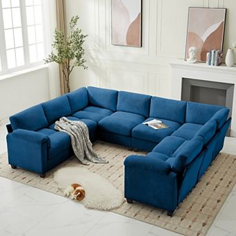 8-seat Corduroy Sectional Corner Sofas, U-shaped Symmetrical Modular Couch