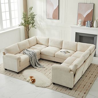 8-seat Corduroy Sectional Corner Sofas, U-shaped Symmetrical Modular Couch