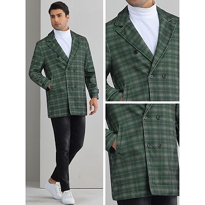 Plaid Overcoat for Men's Notch Collar Double Breasted Checked