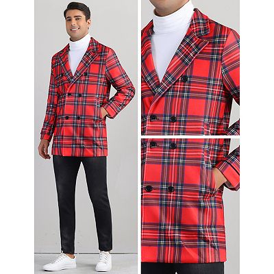 Plaid Overcoat for Men's Notch Collar Double Breasted Checked