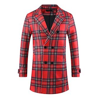 Plaid Overcoat for Men's Notch Collar Double Breasted Checked Winter Trench Coat