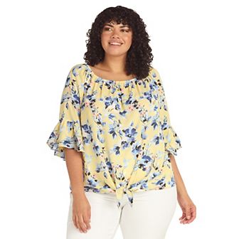 Plus Size AB Studio Flounce Sleeve Tie Hem Peasant Boat Neck Top