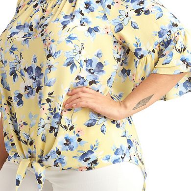 Plus Size AB Studio Flounce Sleeve Tie Hem Peasant Boat Neck Top