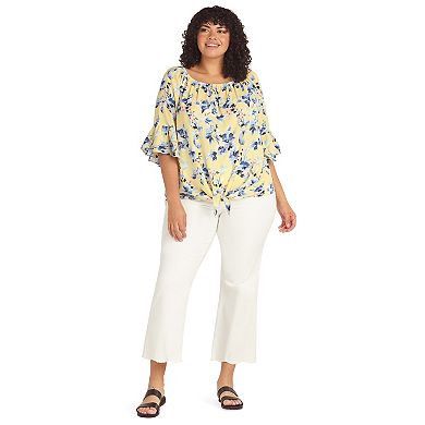Plus Size AB Studio Flounce Sleeve Tie Hem Peasant Boat Neck Top