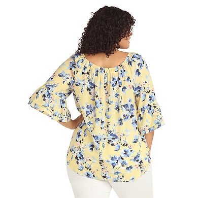 Plus Size AB Studio Flounce Sleeve Tie Hem Peasant Boat Neck Top