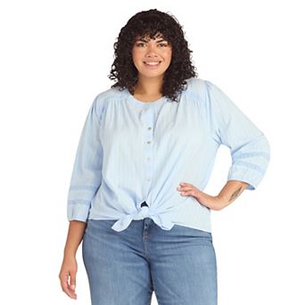 Plus Size AB Studio Three Quarter Sleeve Tie Hem Button Front Shirt