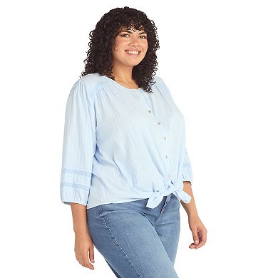 Plus Size AB Studio Three Quarter Sleeve Tie Hem Button Front Shirt