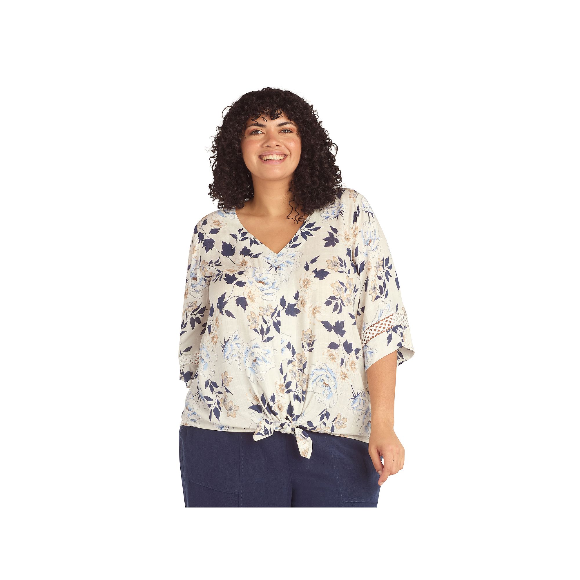 Plus Size AB Studio V-Neck Tie Front Top, Womens, Size: 5XL, Textured Grnd