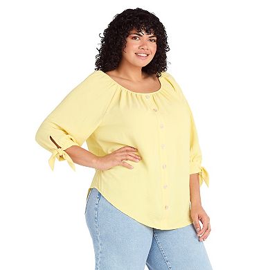 Plus Size AB Studio Button Front Tie Sleeve Top