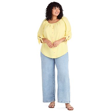 Plus Size AB Studio Button Front Tie Sleeve Top