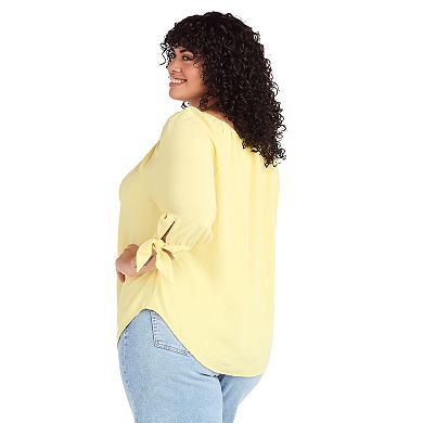 Plus Size AB Studio Button Front Tie Sleeve Top