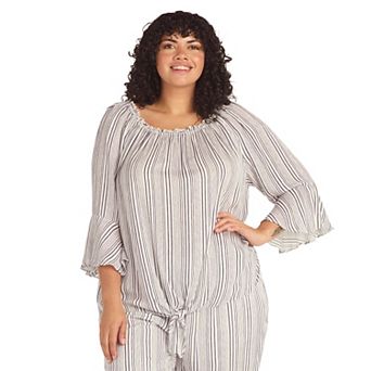 Plus Size AB Studio Stripe Off-The-Shoulder Bell Sleeve Top