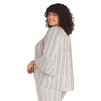 Plus Size AB Studio Stripe Off-The-Shoulder Bell Sleeve Top