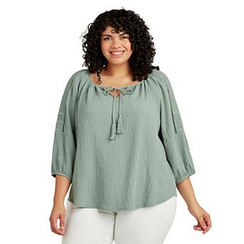 Plus Size AB Studio Lace Trim Peasant Top