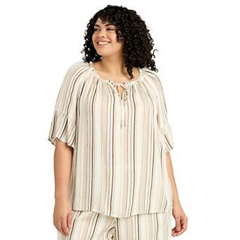 Plus Size AB Studio Ruffle Sleeve Peasant Tie-Neck Top