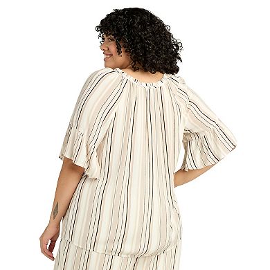 Plus Size AB Studio Ruffle Sleeve Peasant Tie-Neck Top