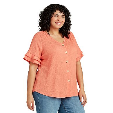 Plus Size AB Studio Ruffle Sleeve Tie-Front Top