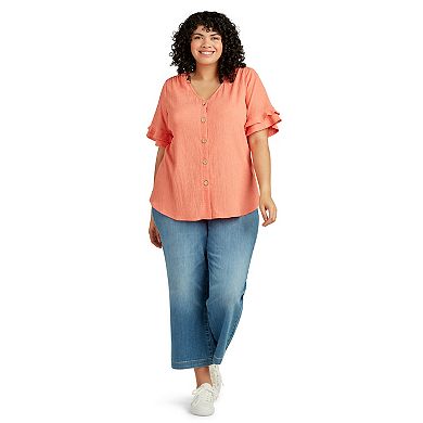 Plus Size AB Studio Ruffle Sleeve Tie-Front Top