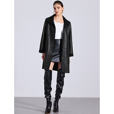 Faux Leather Coat for Women's Button Up Collar Classic Winter Mid