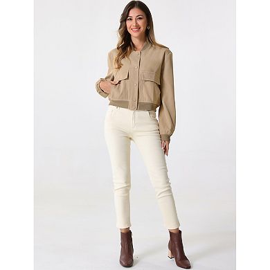 Button Down Bomber Jacket for Women's Stand Collar Long Sleeve Casual Cropped Coat Outwear
