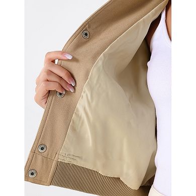 Button Down Bomber Jacket for Women's Stand Collar Long Sleeve Casual Cropped Coat Outwear