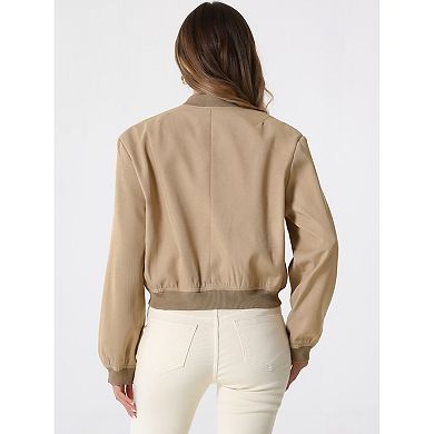 Button Down Bomber Jacket for Women's Stand Collar Long Sleeve Casual Cropped Coat Outwear