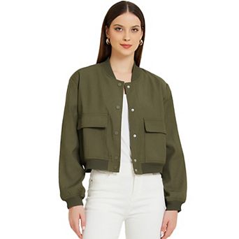 Button Down Bomber Jacket for Women's Stand Collar Long Sleeve Casual Cropped Coat Outwear