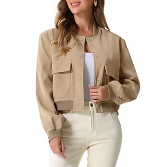 Button Down Bomber Jacket for Women's Stand Collar Long Sleeve Casual Cropped Coat Outwear