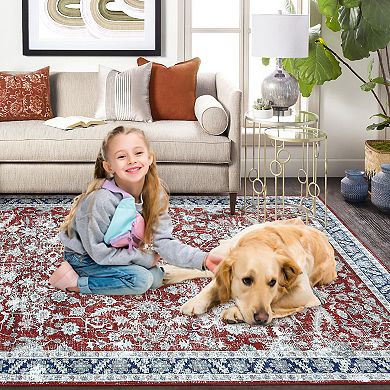 Garvee Washable Boho Floral Rug Traditional Soft Low Pile Throw Carpet for Home Decor