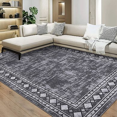 Garvee Modern Bordered Area Rug Washable Distressed Throw Carpet