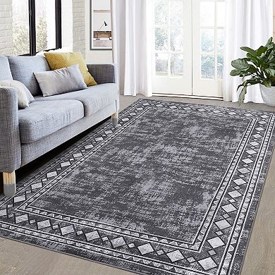 Garvee Modern Bordered Area Rug Washable Distressed Throw Carpet