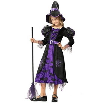 Witch Costume Halloween Party Fancy Dress Up Deluxe Set With Hat Skirt For Girls