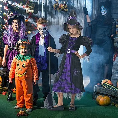 Witch Costume Halloween Party Fancy Dress Up Deluxe Set With Hat Skirt For Girls