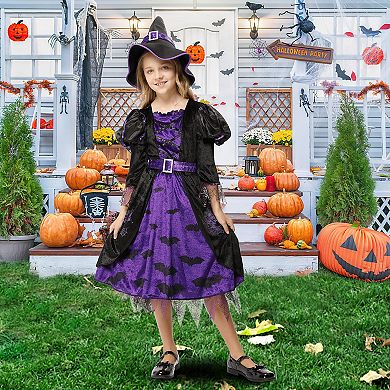 Witch Costume Halloween Party Fancy Dress Up Deluxe Set With Hat Skirt For Girls