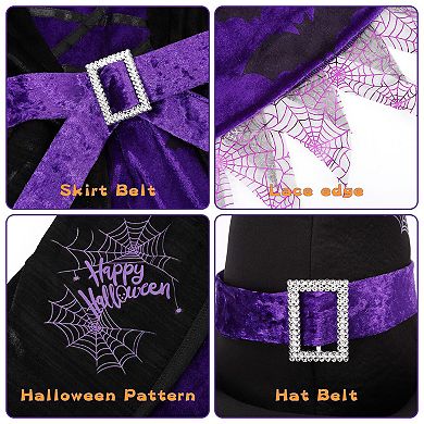 Witch Costume Halloween Party Fancy Dress Up Deluxe Set With Hat Skirt For Girls