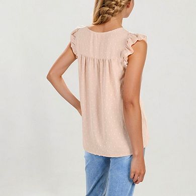 Women's Sleeveless Swiss Dot Ruffle Blouse